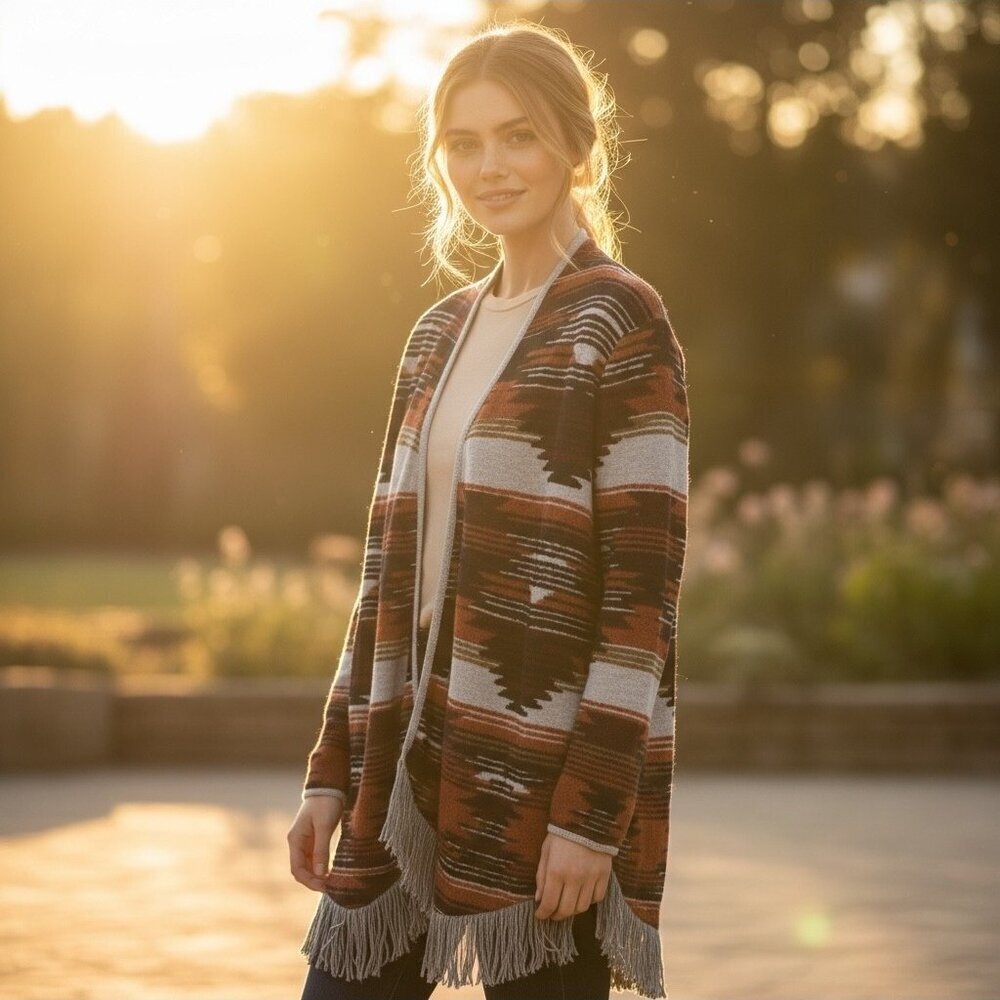 Lucky Brand Southwest Fringe Cardigan Size Large Navy Copper Burgundy Gray